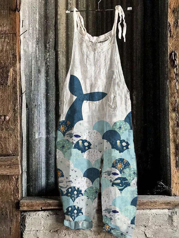 Ocean Whale Tail Women's Linen Jumpsuit artswardrobe