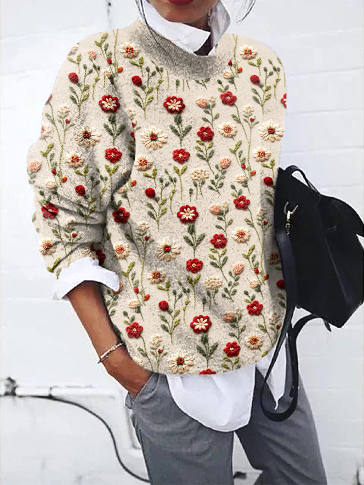 Wildflowers Embroidery Art Casual Cozy Knit Sweater artswardrobe