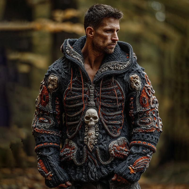 Men's Vintage Human Organ Skull Cozy Knit Hooded Sweater artswardrobe