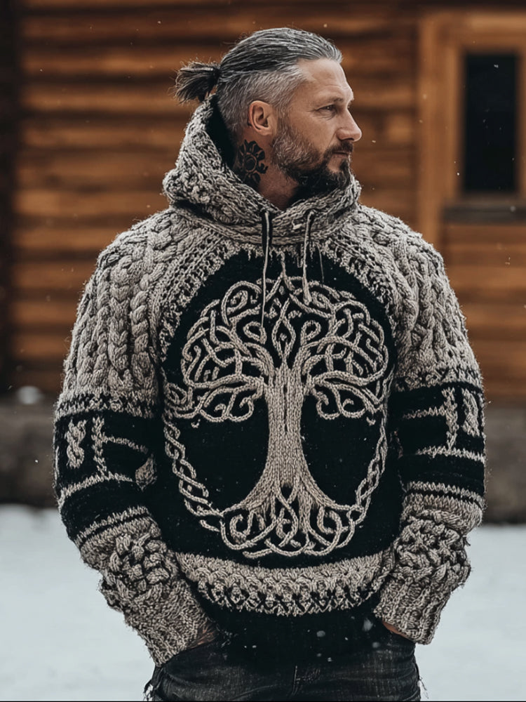Men's Viking Style Tree Of Life Thick Needle Patchwork Hooded Sweater artswardrobe
