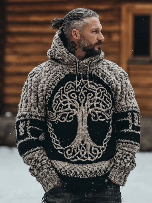 Men's Viking Style Tree Of Life Thick Needle Patchwork Hooded Sweater artswardrobe