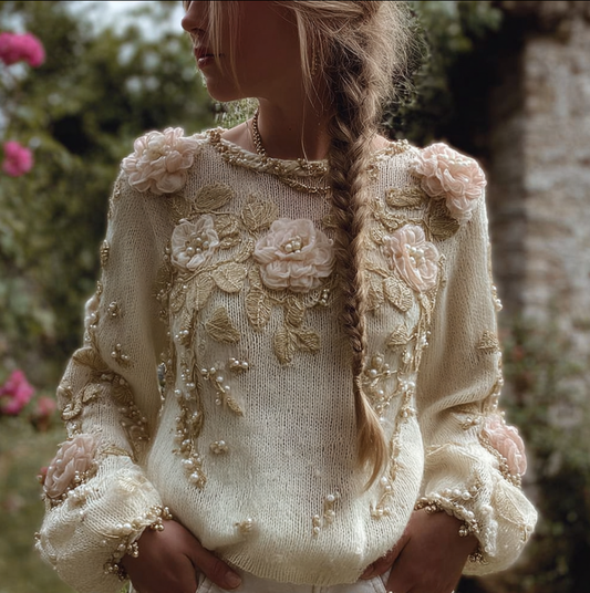 Bohemian Style Three-dimensional Pink Flower Knitted Pattern Women's V-neck Long-sleeve Knitted Sweater artswardrobe