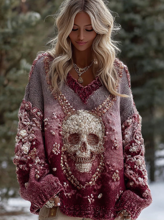 Women's Vintage Skull And Floral Gradient Art Knit V Neck Sweater artswardrobe
