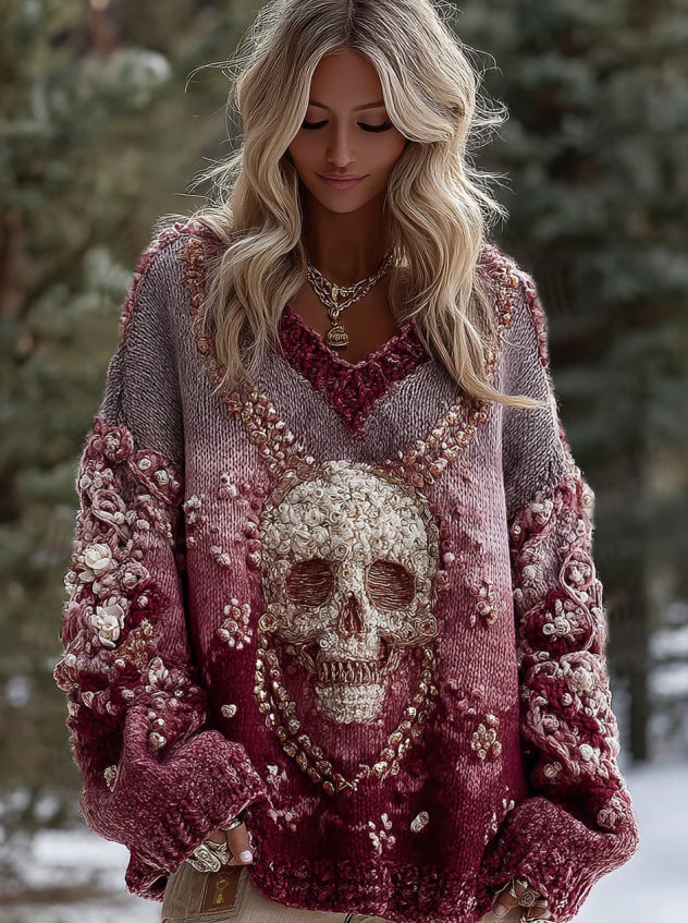 Women's Vintage Skull And Floral Gradient Art Knit V Neck Sweater elevenforest