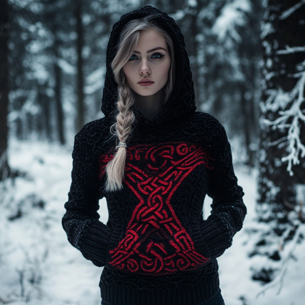 Women's Viking Celtic Text Totem Jacquard Contrast Color Hooded Sweater elevenforest