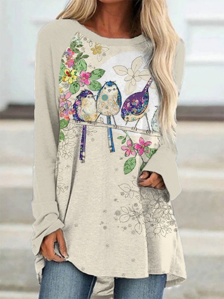 Bird & Floral Oversize Long T-Shirt artswardrobe