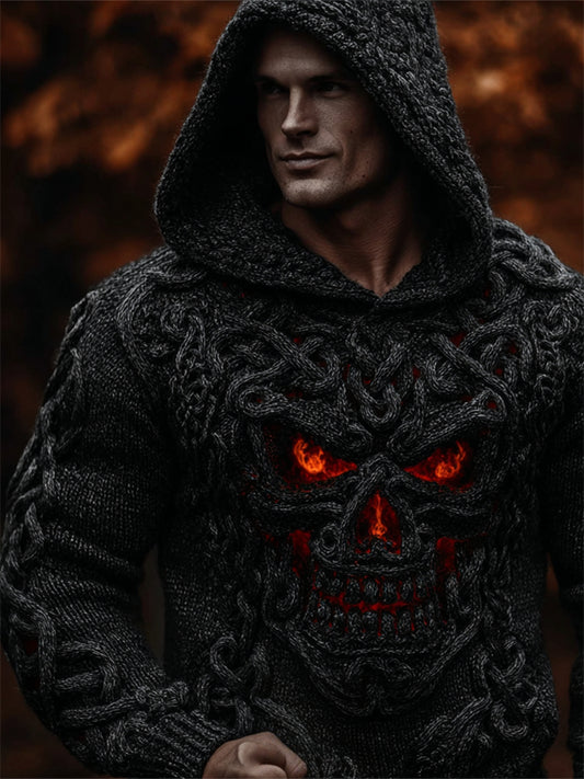 Men's Halloween Skull Celtic Chunky Cozy Knit Hooded Sweater artswardrobe