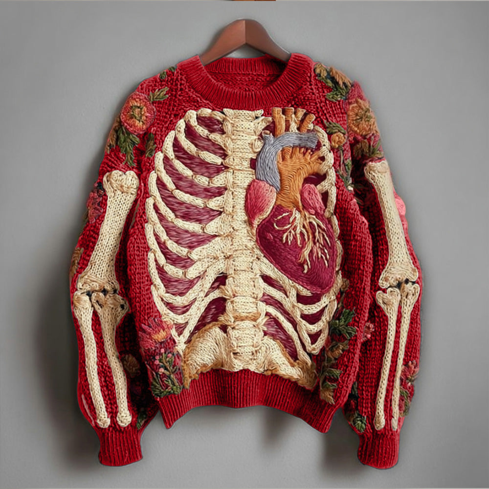 Vintage Halloween Human Anatomy Art And Floral Round Neck Sweater artswardrobe