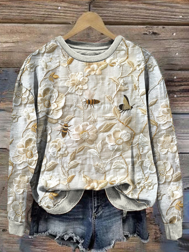 Floral Bee Embroidery Pattern Cozy Sweatshirt artswardrobe