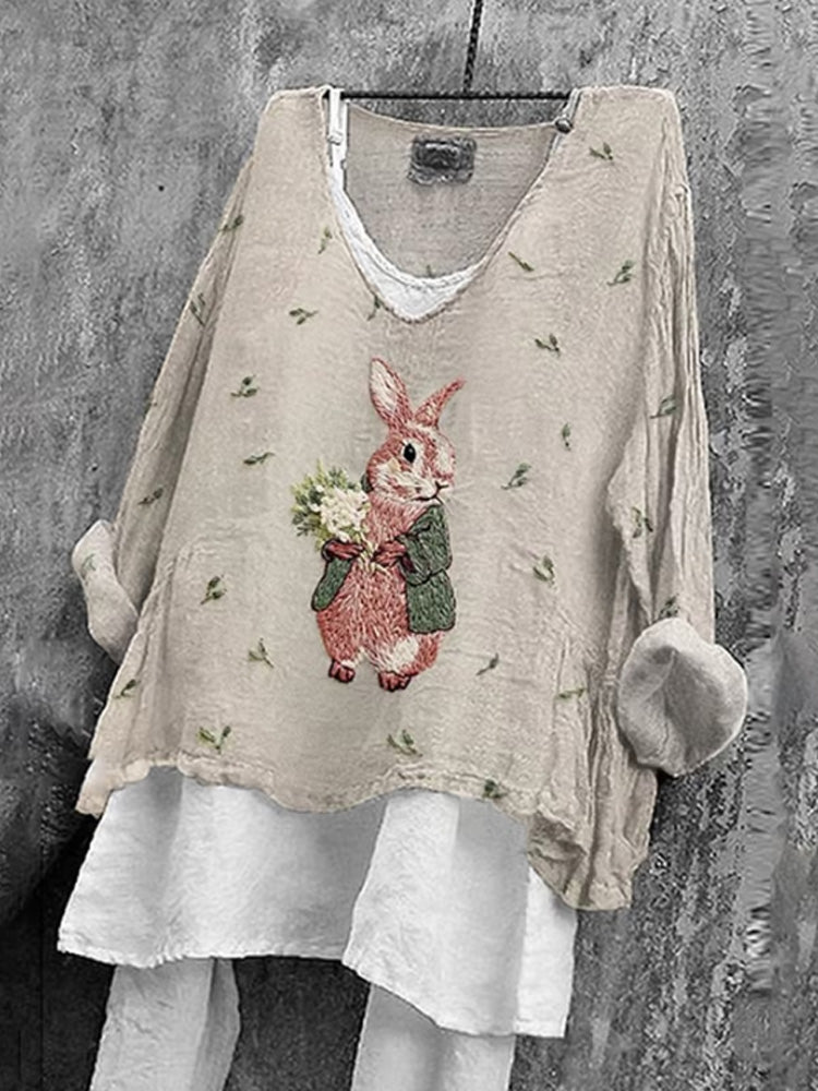Comstylish Women's Cute Rabbit Embroidery Pattern Comfortable Linen Shirt