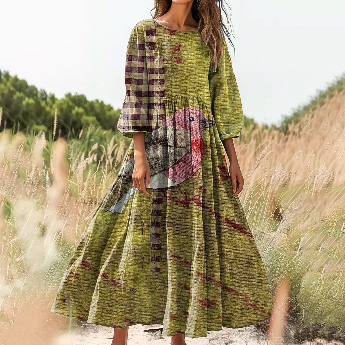 Women's Sparrow Pattern Art Print Cotton Crew Neck Dress