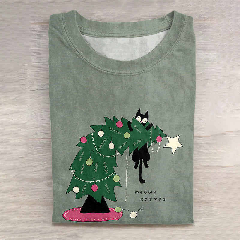 Meowy Catmas Print Casual T-Shirt elevenforest