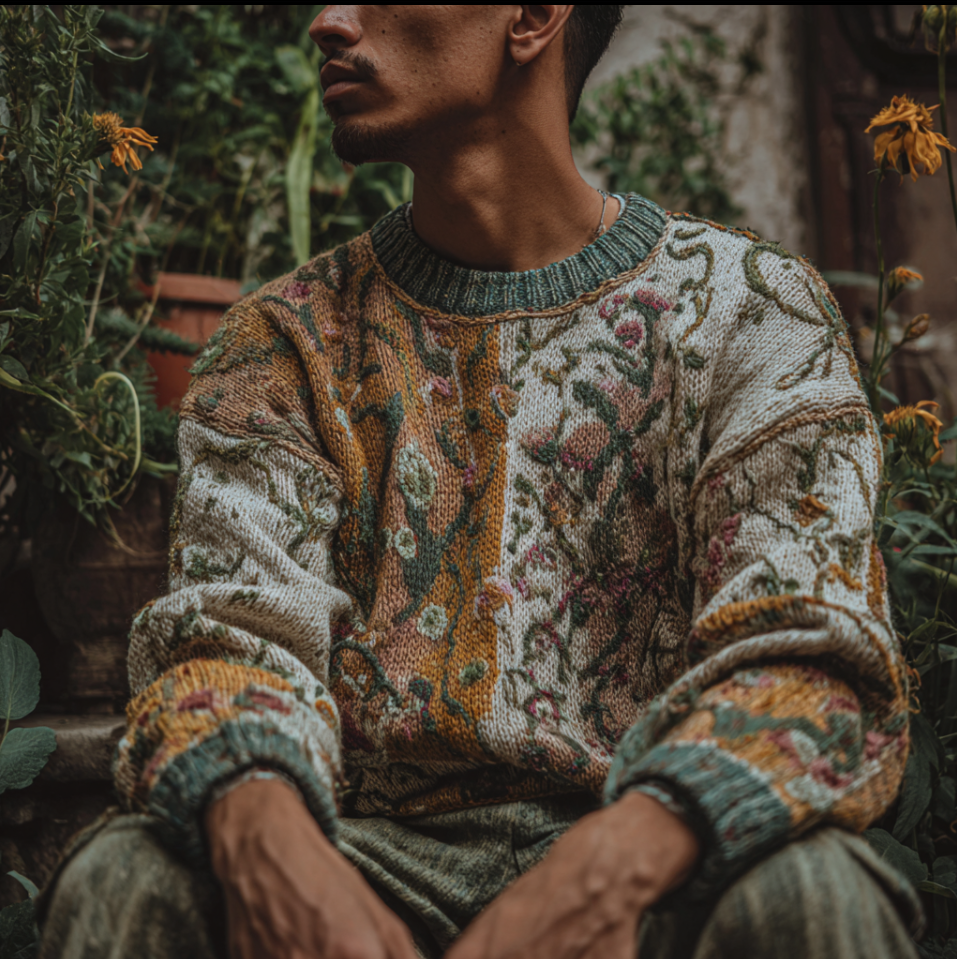 Men's Round-necked Sweater With Plant And Flower Patterns artswardrobe