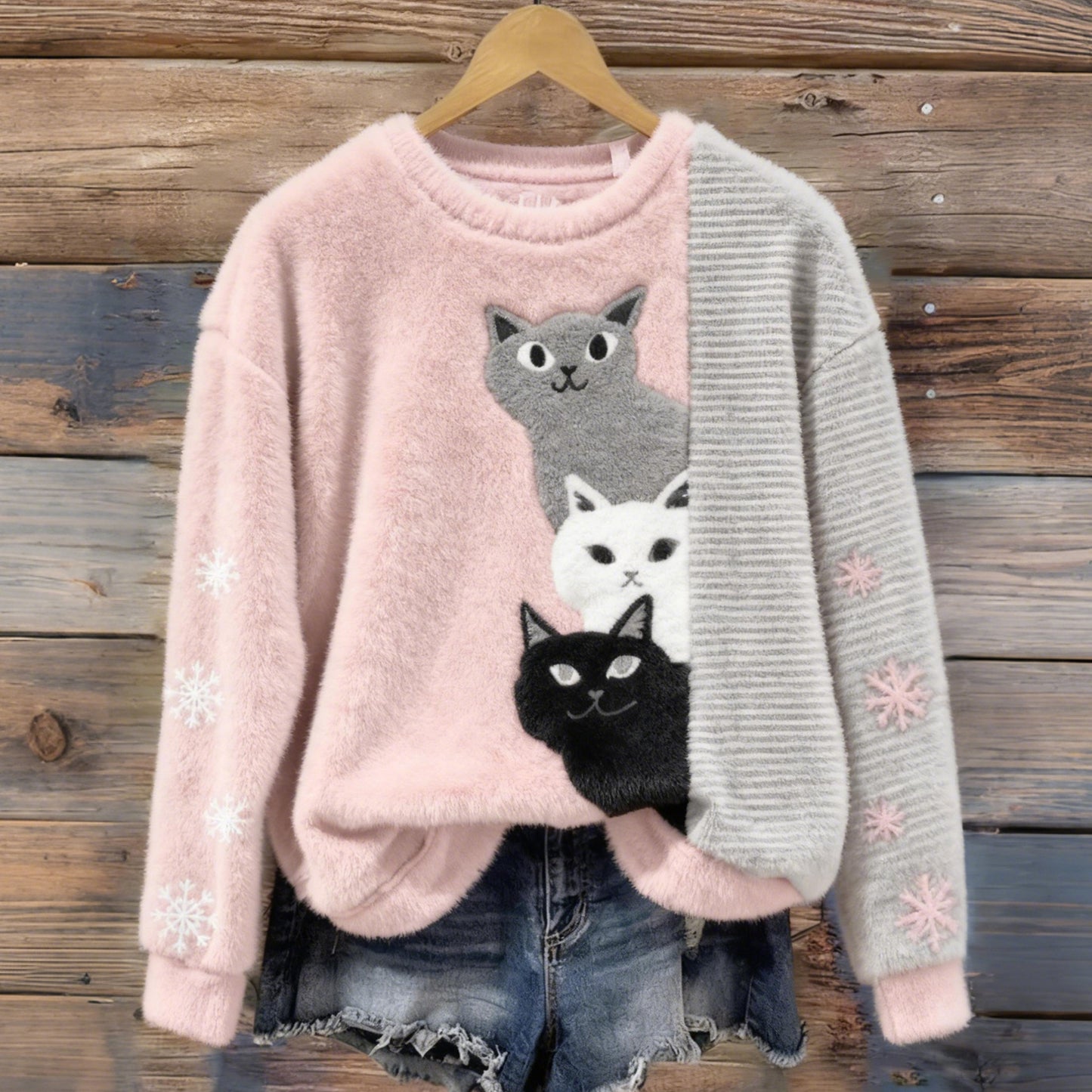 Comstylish Fun Cat Pattern Warm Crew Neck Sweater