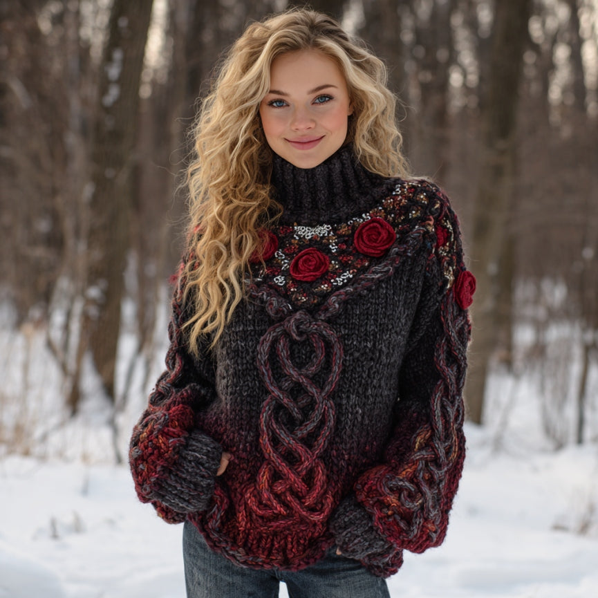 Vintage Tribal Celtic Roses Gradient Art Cozy Knit Turtleneck Sweater elevenforest