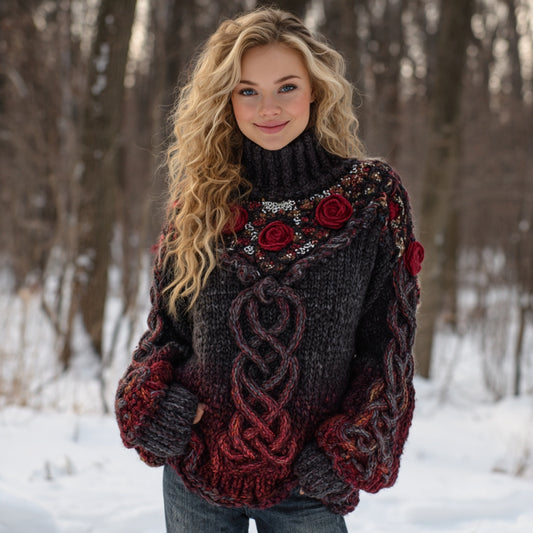 Vintage Tribal Celtic Roses Gradient Art Cozy Knit Turtleneck Sweater elevenforest