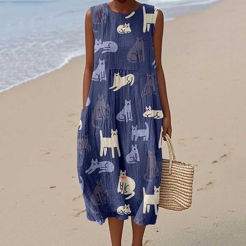 Lovely Cats Pattern Print Linen Tank Dress artswardrobe