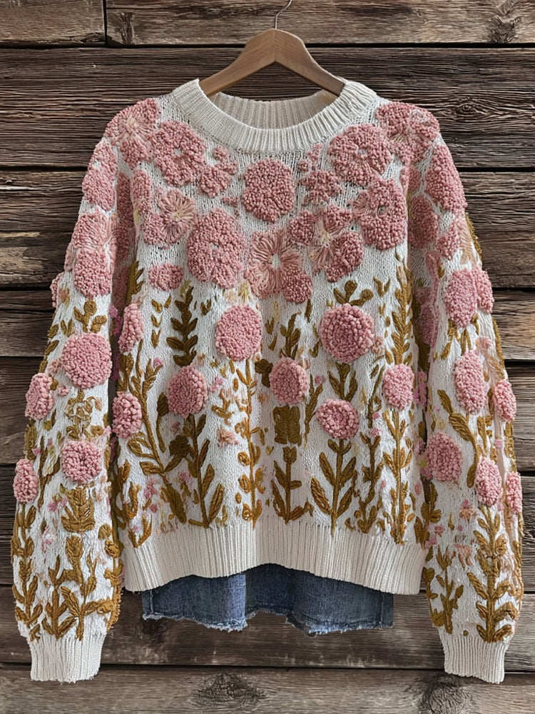Vintage Pink Flowers Embroidered Crew Neck Cozy Sweater artswardrobe