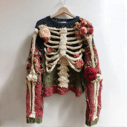 Comstylish Women's Vintage Skeleton And Rose Art Cozy Sweater