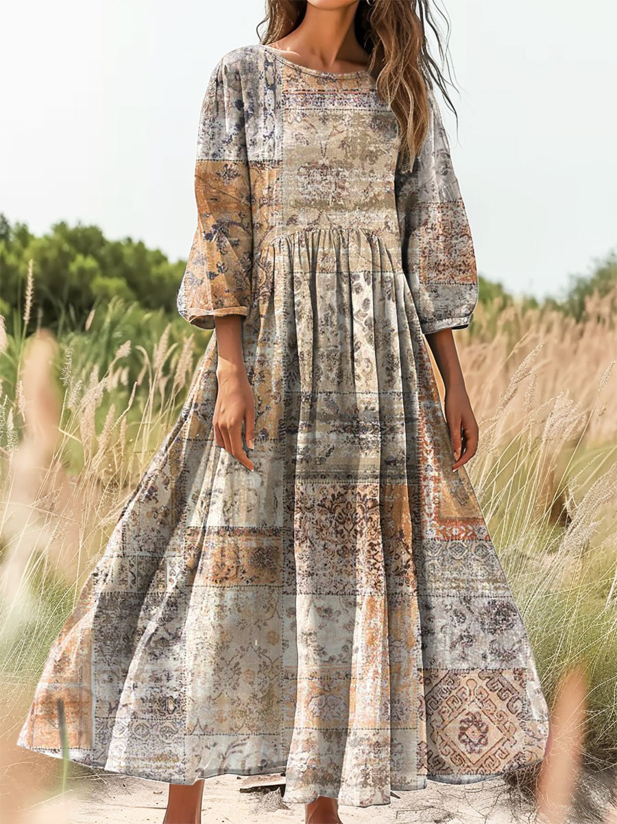 Women's Vintage Ethnic Floral Art Print Flowy Cotton Crew Neck Dress