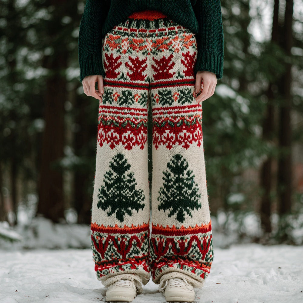 Comstylish Vintage Christmas Inspired Pattern Cozy Knit Pants