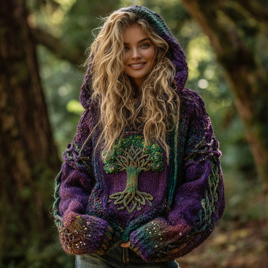 Women's Vintage Tree Of Life Celtic Gradient Art Knit Cozy Hooded Sweater elevenforest