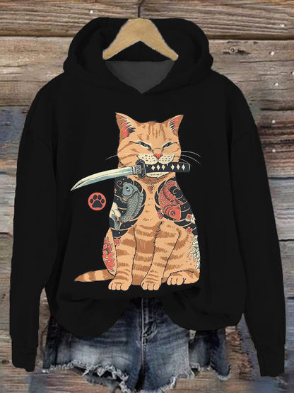 Japanese Samurai Cat Art Vintage Cozy Hoodie elevenforest