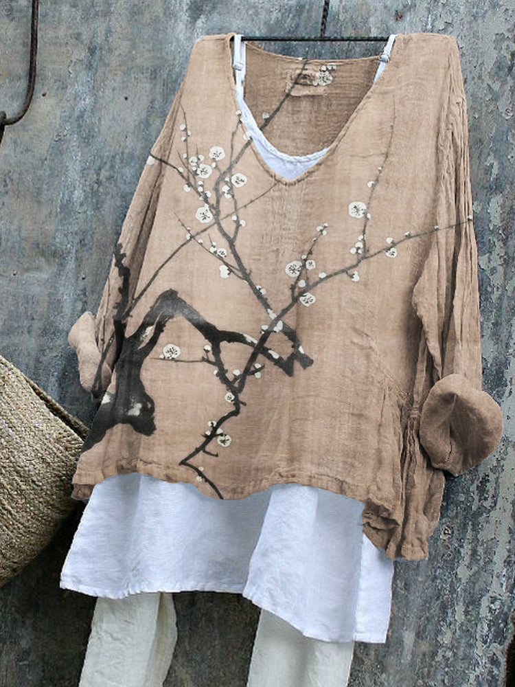 Comstylish Plum Blossom Japanese Art Linen Blend Tunic