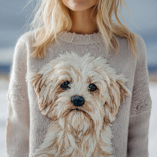 Lovely Fuzzy Dog Embroidered Crew Neck Cozy Sweater artswardrobe