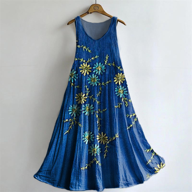 Women's Bohemian Floral Art Print Crew Neck Sleeveless Cotton Pocket D