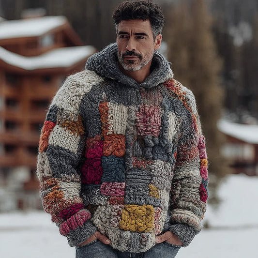 Men's Retro Geometric Color Block Chunky Knit Warm Hooded Sweater artswardrobe