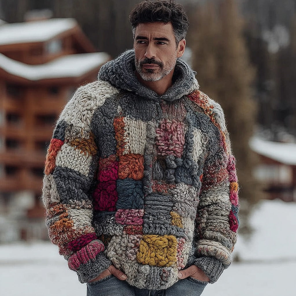 Men's Retro Geometric Color Block Chunky Knit Warm Hooded Sweater elevenforest