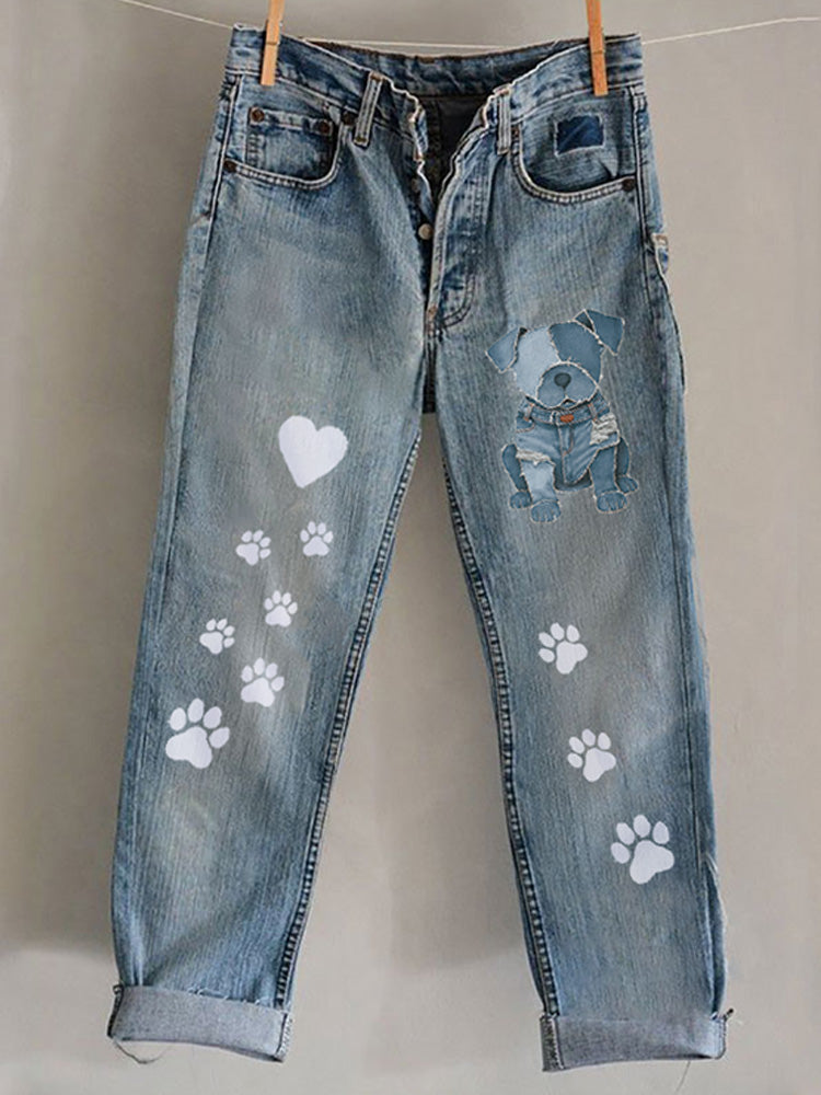 Comstylish Funny Animal Embroidered Print Jeans