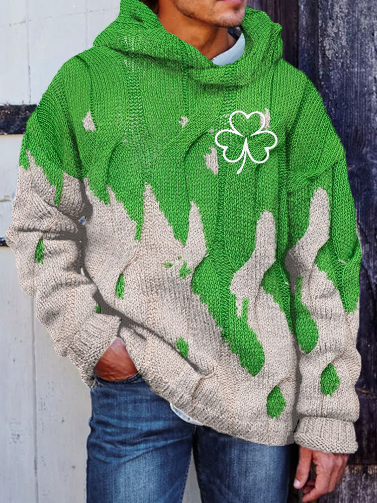 Men's Clover Embroidered Jacquard Cozy Hooded Sweater elevenforest