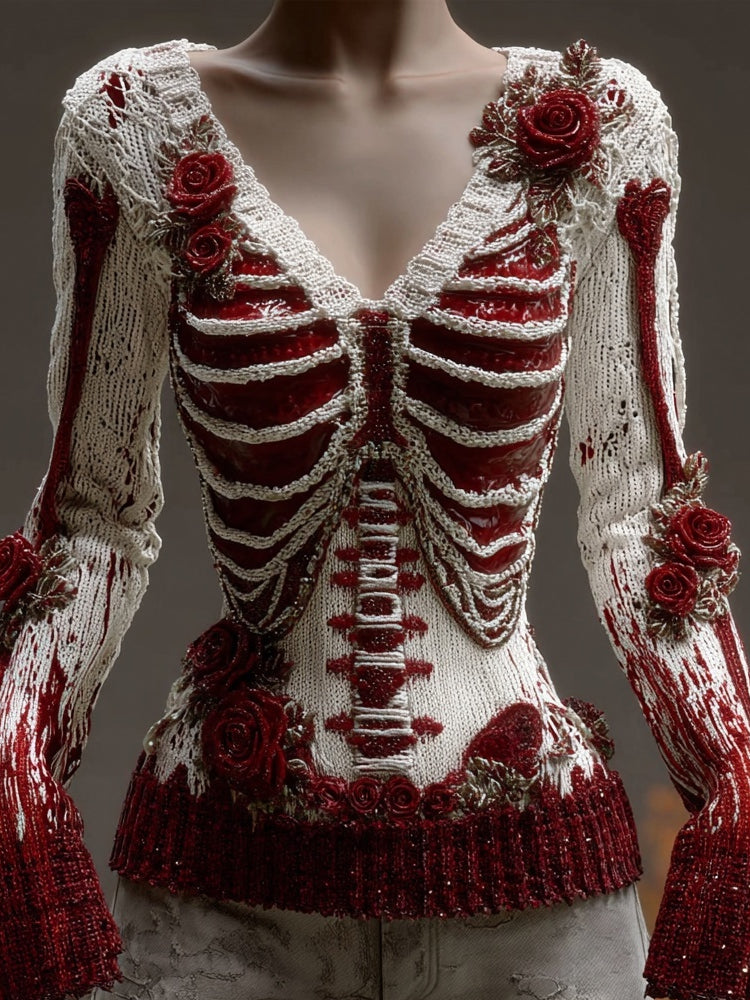 Vintage Skeleton Bloody Roses V Neck Knit Sweater artswardrobe