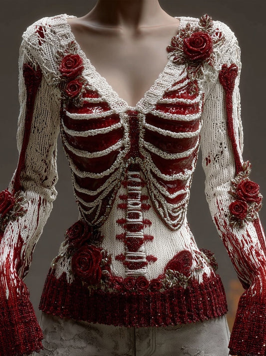 Vintage Skeleton Bloody Roses V Neck Knit Sweater artswardrobe