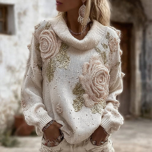 Women's Vintage Large Flower Embroidery Turtleneck Sweater elevenforest