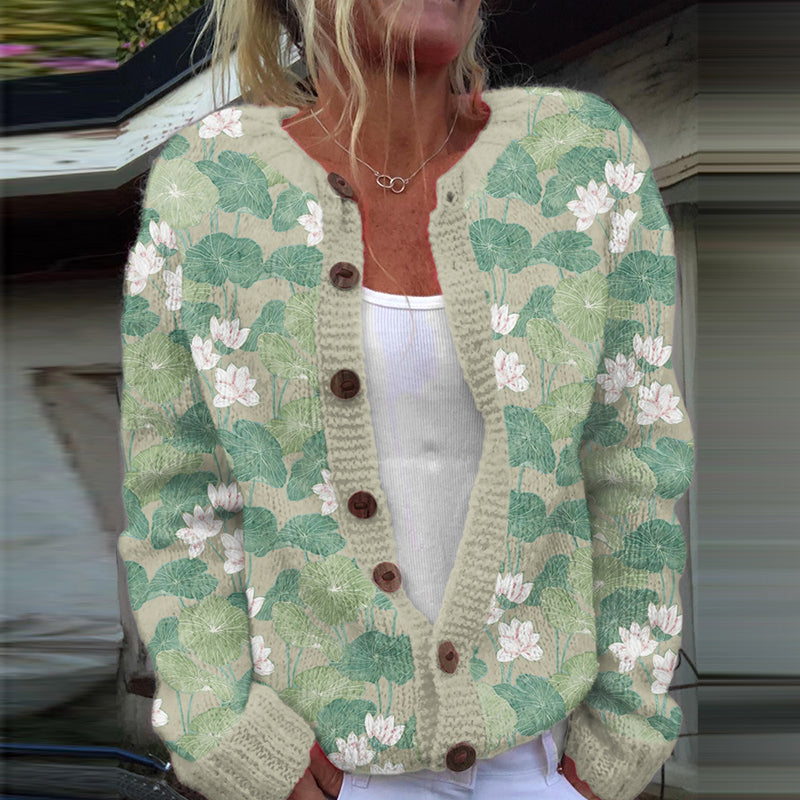 Vintage Water Lily Art Knitted Jacquard Sweater elevenforest