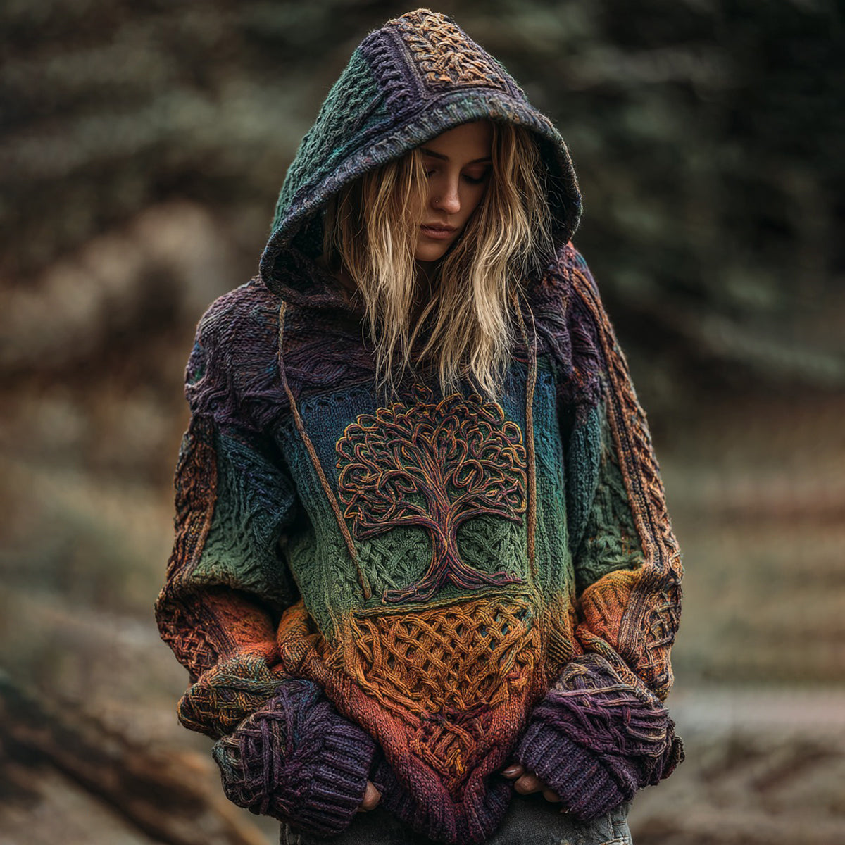 Viking Boho Life Of Tree Gradient Art Chunky Knitted Cozy Hooded Sweater artswardrobe