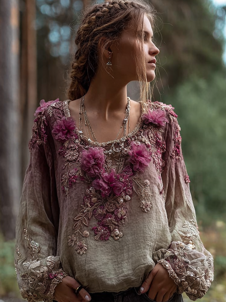 Comstylish Bohemian Style Round Neck Long Sleeve 3d Purple Flower Design Cotton And Linen Top For Women