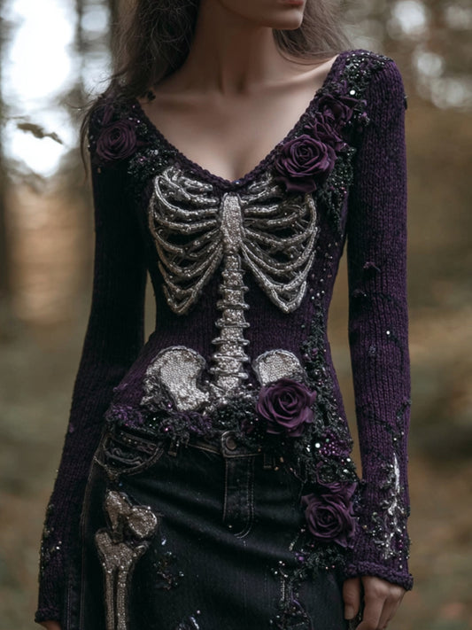 Women's Halloween Skeleton Withered Rose Purple V-neck Sweater artswardrobe