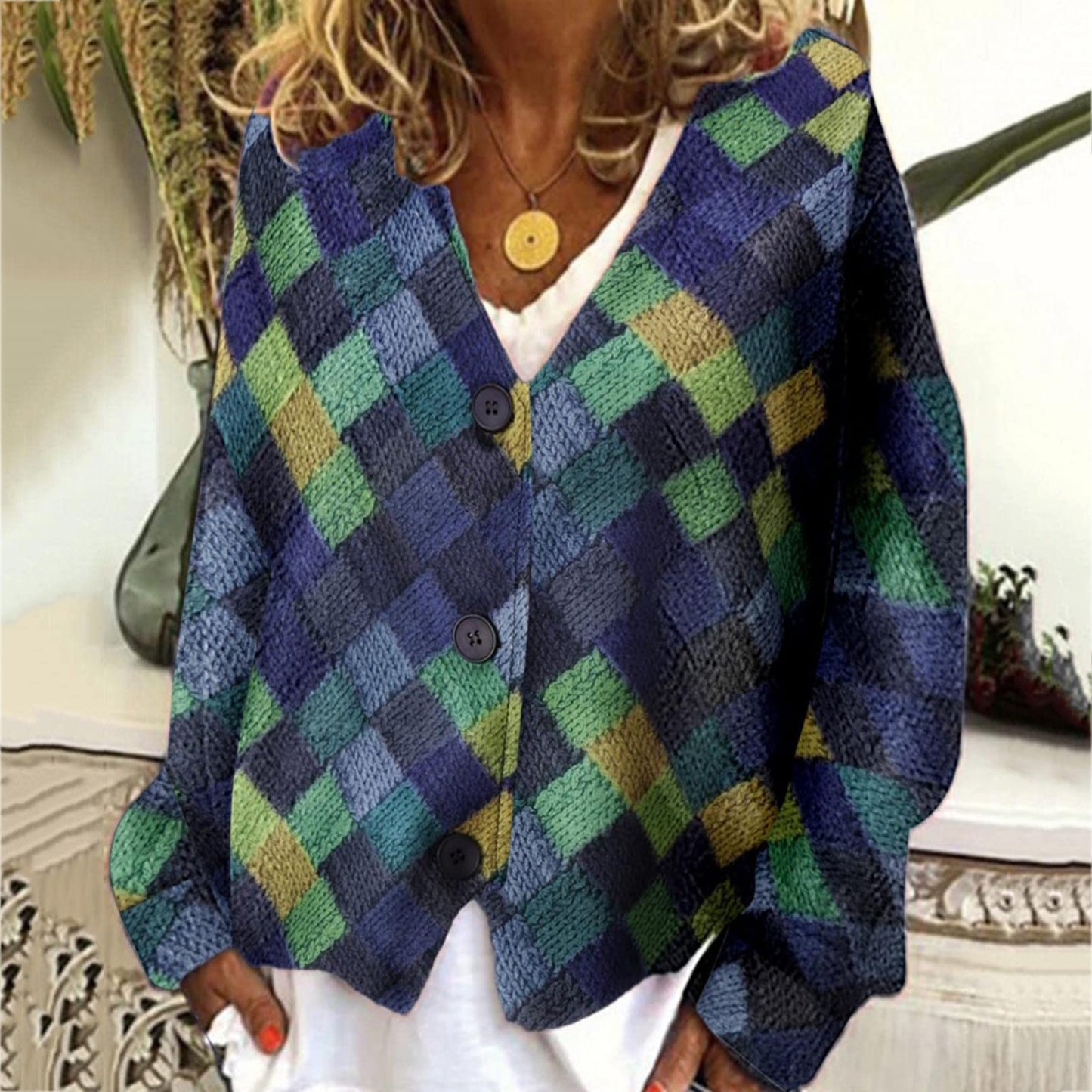Casual V Neck Geometric Color Block Printed Sweater Cardigan elevenforest