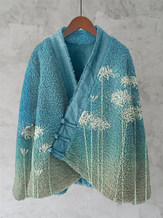 Comstylish Classy Spider Lily Gradient Japanese Art Cozy Fleece Kimono Cardigan