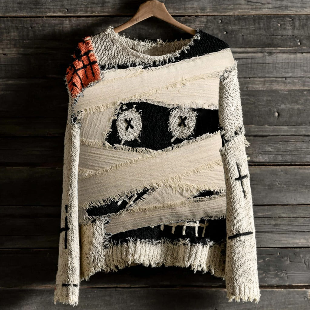 Halloween Mummy Spooky Face Cozy Knit Sweater artswardrobe