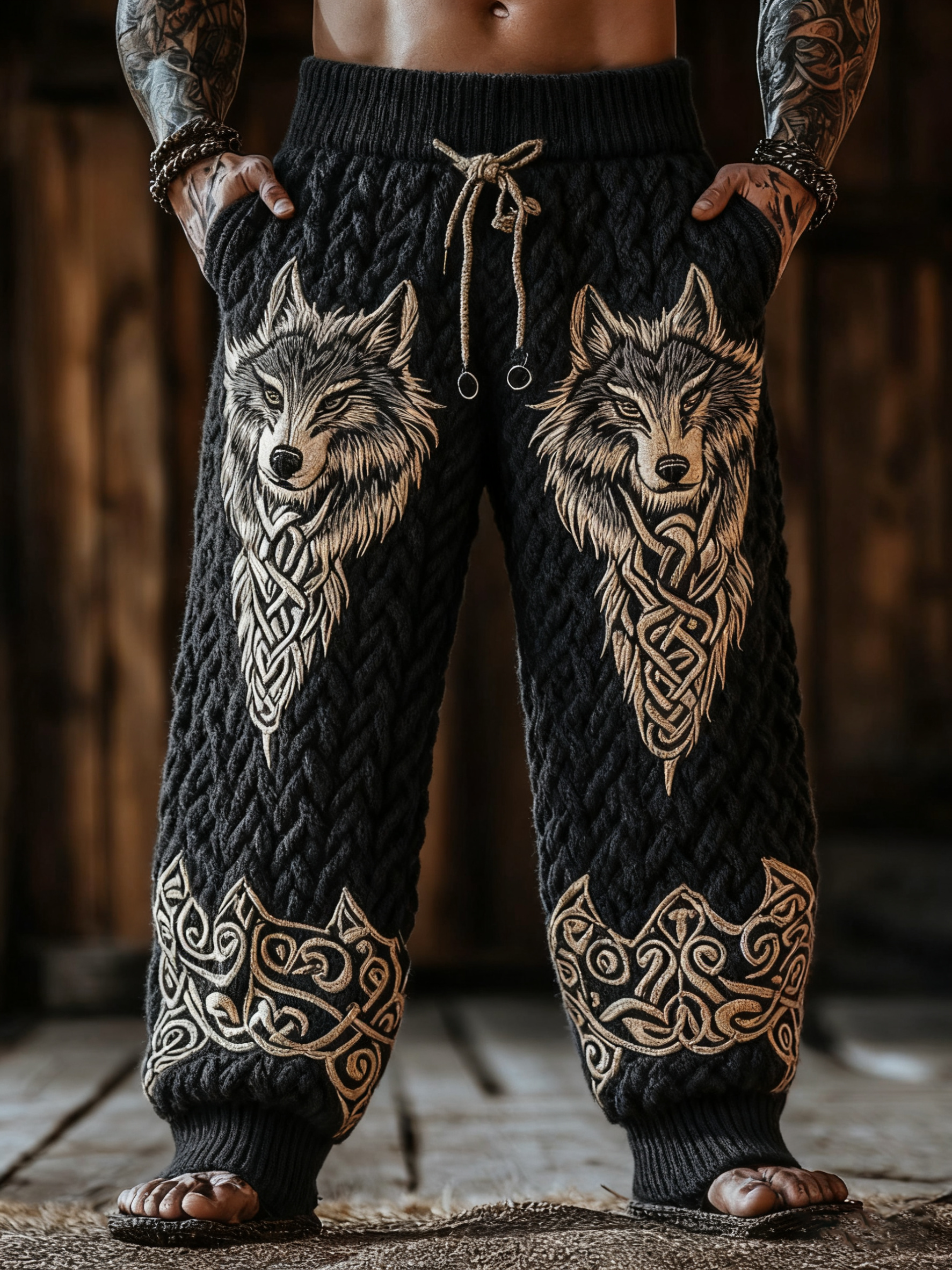 Men's Viking Celtic Knot Wolf Art Wide Leg Warm Knit Pants artswardrobe