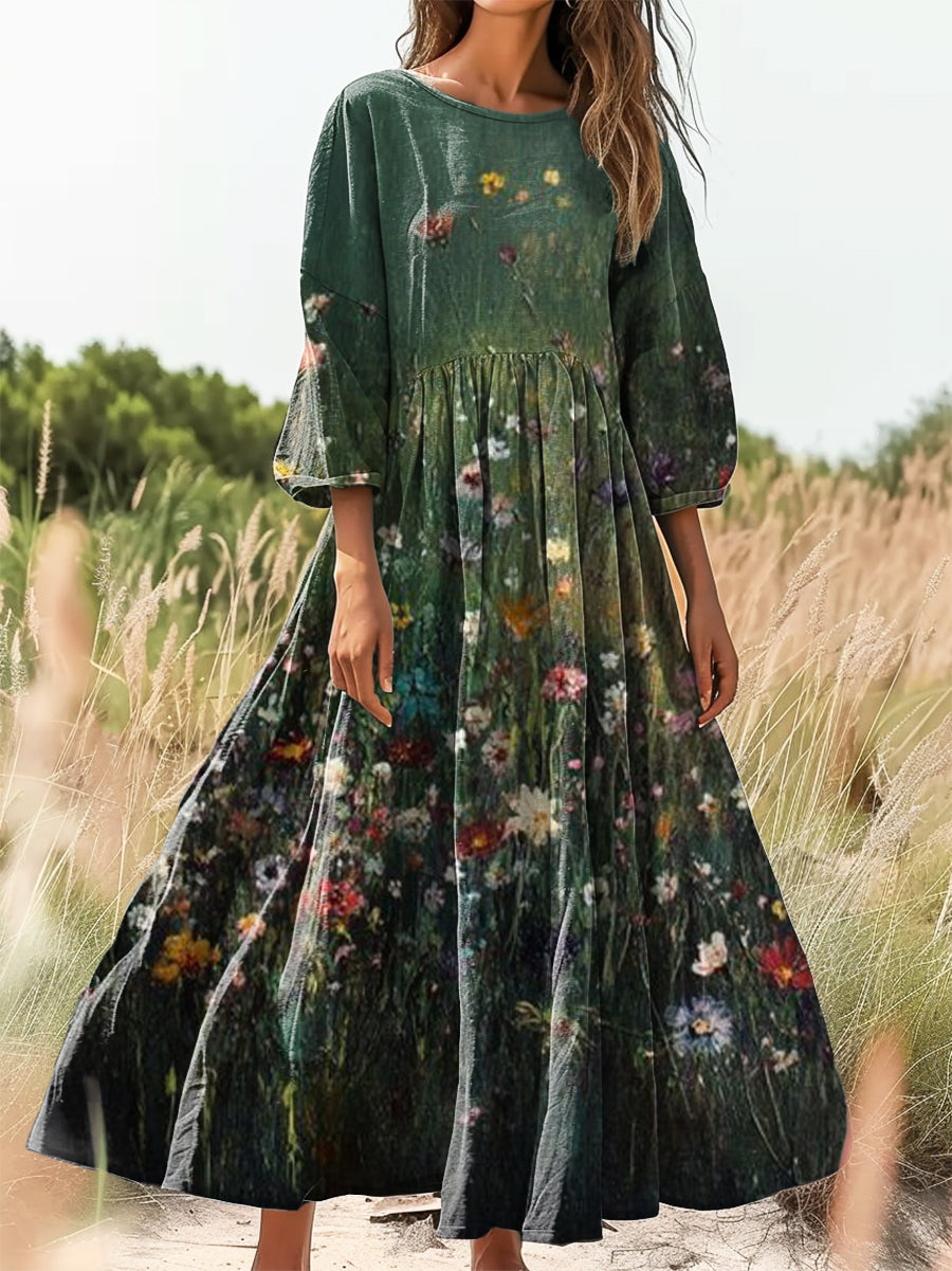 Women's Vintage Floral Art Print Flowy Cotton Crew Neck Dress