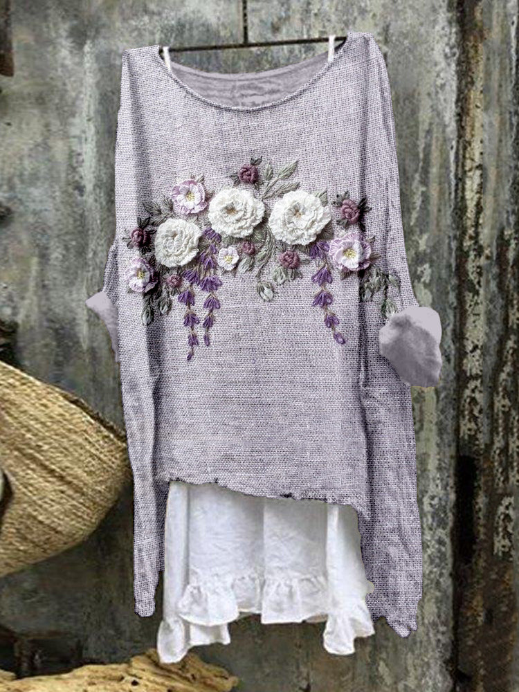 Comstylish Elegant Flower Embroidered Linen Blend Tunic