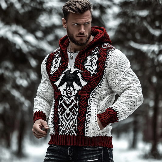 Vintage Viking Raven Rune Knit Jacquard Hooded Sweater artswardrobe