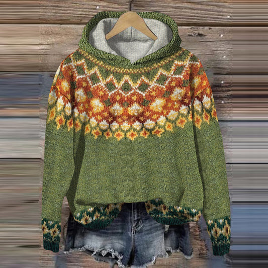 Iceland Geometric Diamond Contrast Jacquard Hooded Sweater elevenforest