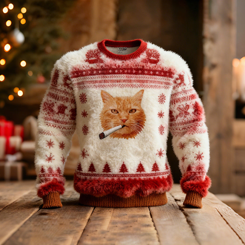 Comstylish Cute And Fun Quirky Cat Pattern Warm Crew Neck Sweater
